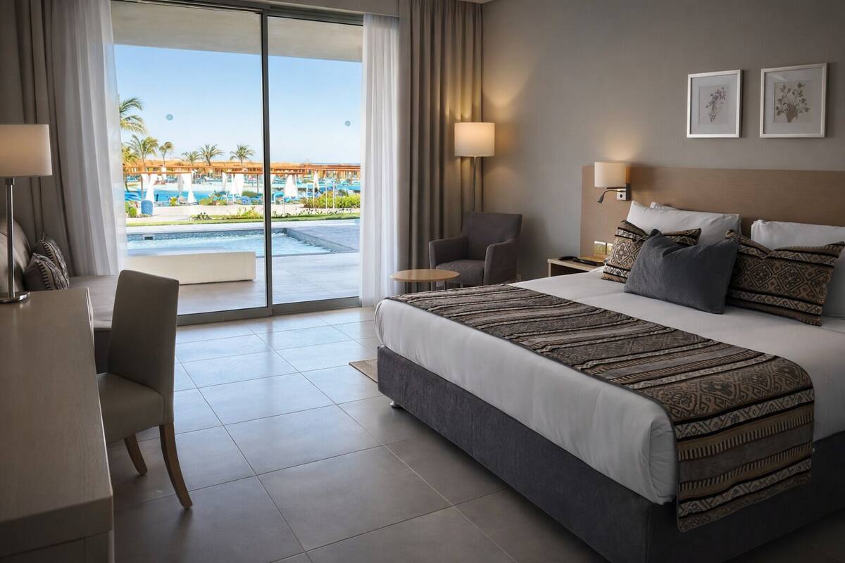 A hotel room with a large bed, a desk, a chair, a small table, and a view of a pool and resort.