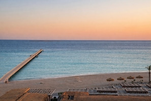 A beach with a pier extending into the water, a row of sun loungers, and a palm tree.