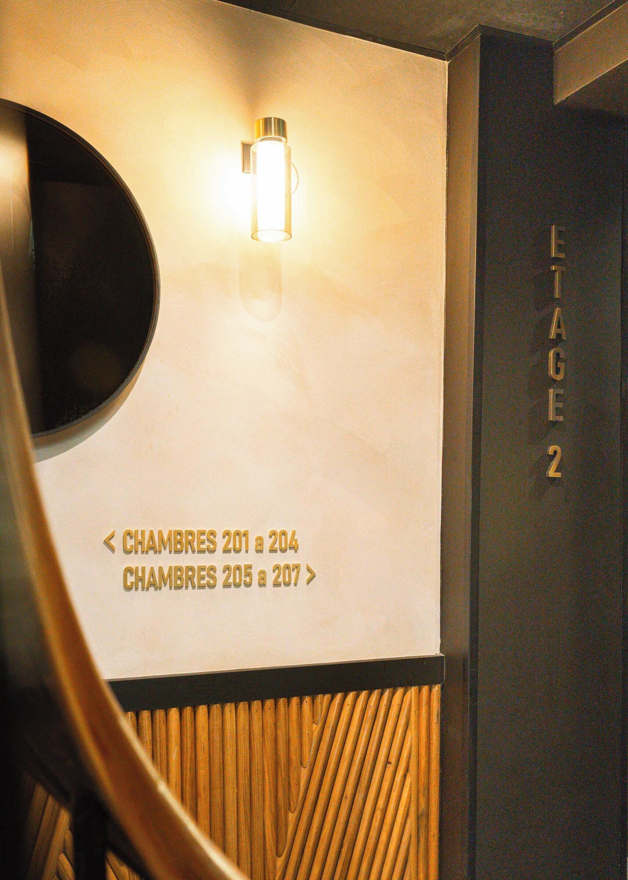 A hotel interior with directional signs for rooms 201-204 and 205-207.