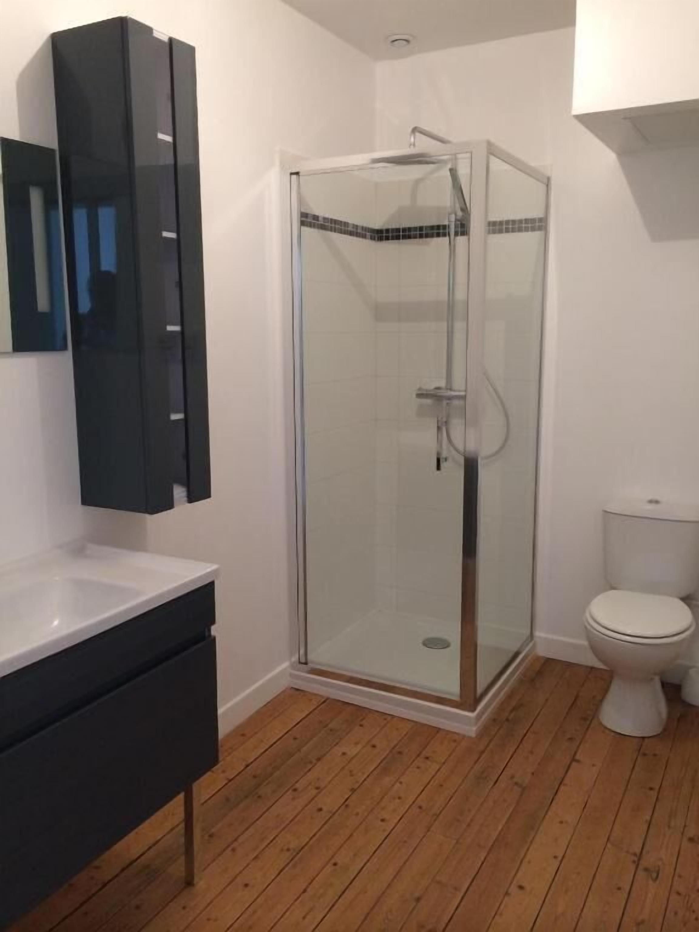 Un baño con ducha de vidrio, inodoro blanco y tocador oscuro con espejo.