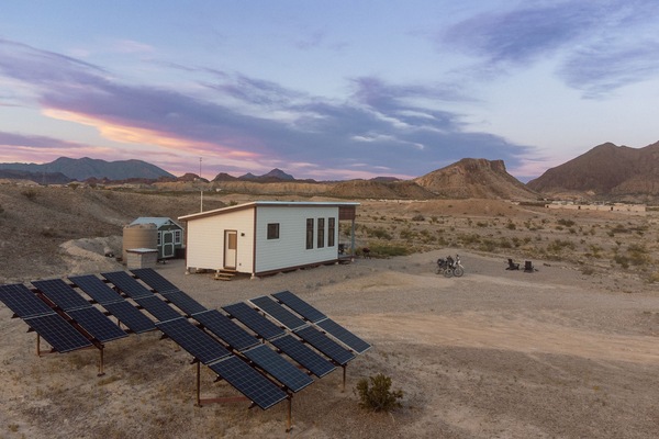 Fully off grid cabin utilizing the sustainable power of the Chihuahuan Desert.