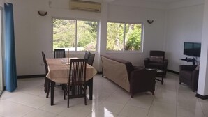 Un'ampia zona giorno con tavolo e sedie da pranzo, un divano e una televisione.