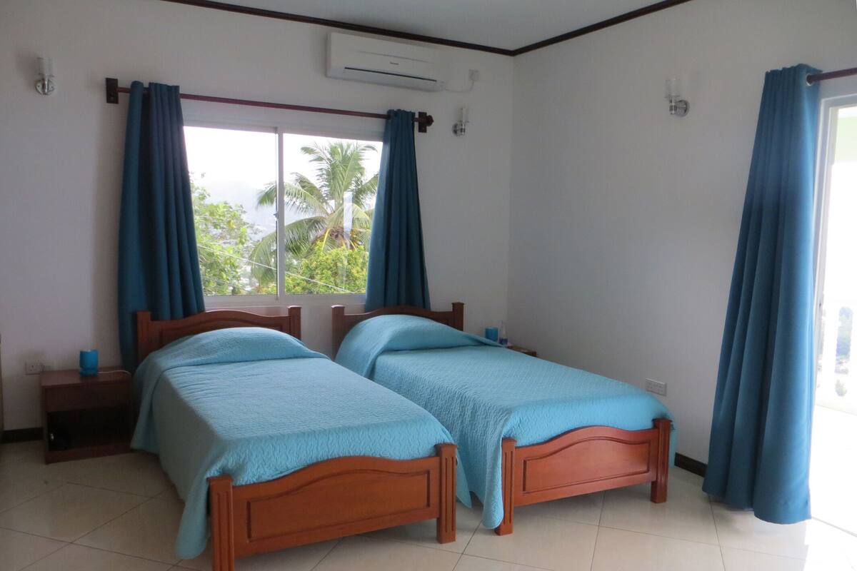 Una habitación con dos camas de madera, una ventana con cortinas, un equipo de aire acondicionado y vista a palmeras.