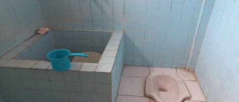 Baño pequeño con inodoro, un cubo azul y zona de ducha.