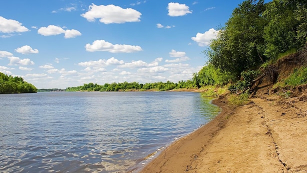Orilla de río con una playa de arena y abundante vegetación a la derecha.