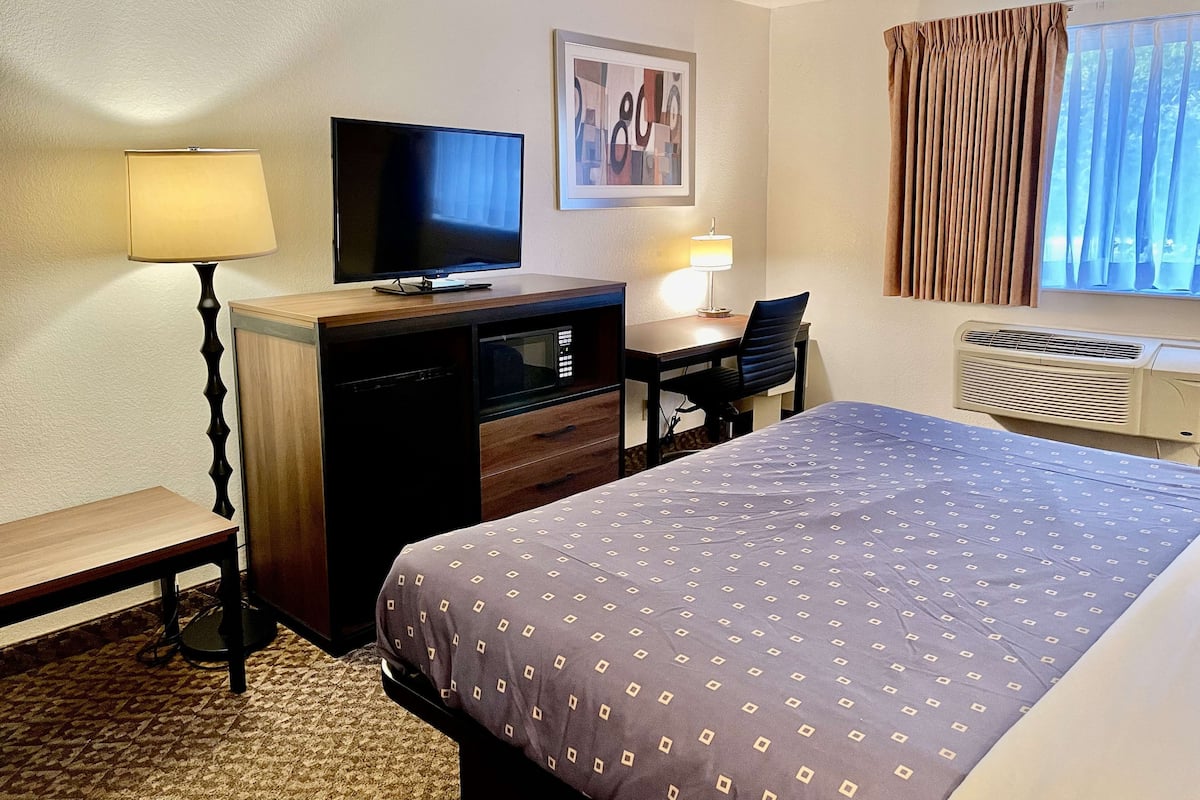 Une chambre d’hôtel équipée d’un lit, d’un bureau, d’une télévision, d’une lampe et d’un appareil de climatisation.