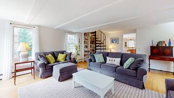 Een televisie, een open haard en boeken