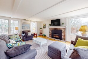 Télévision, cheminée, livres