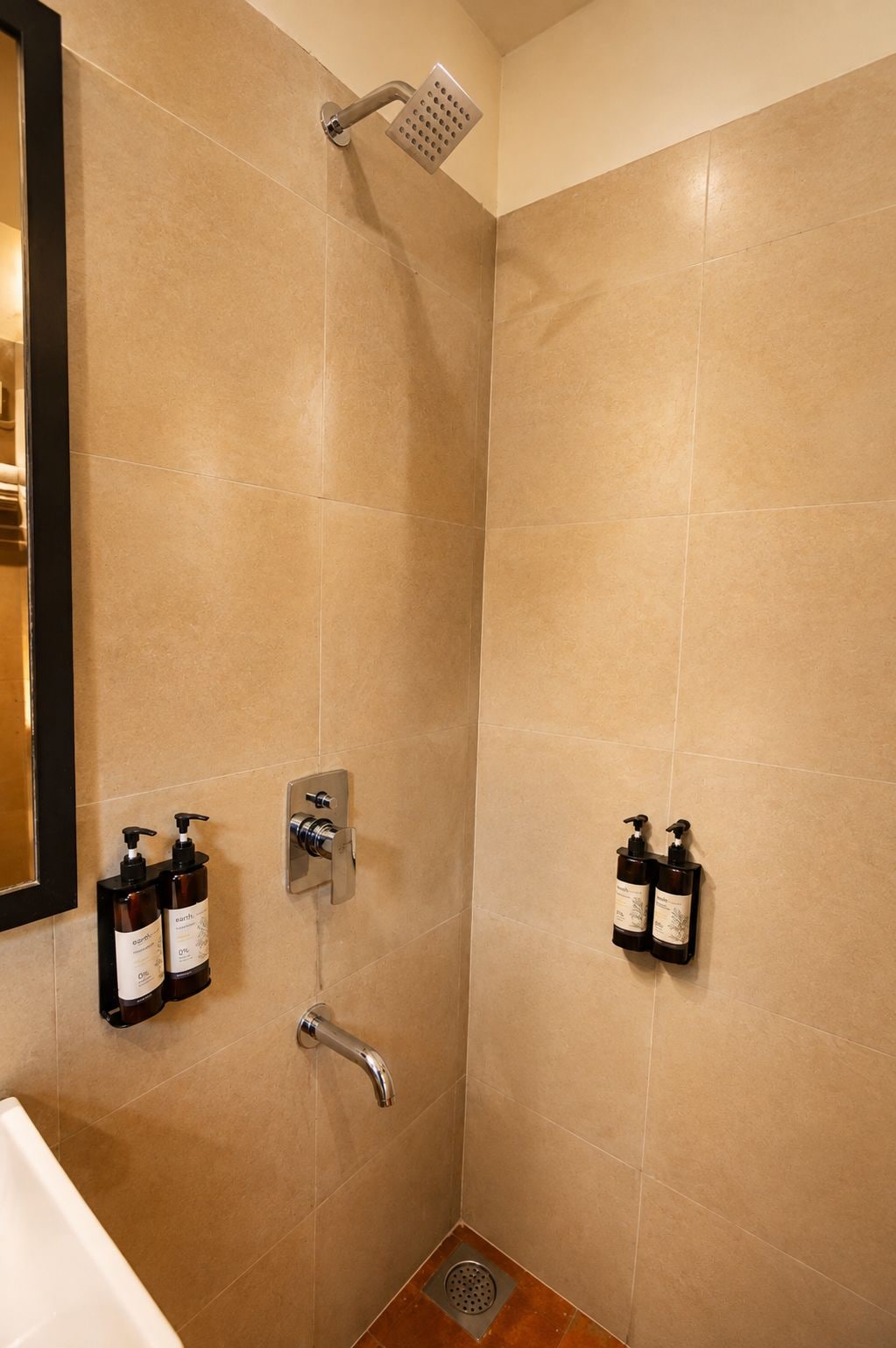 Een douche met een handdouche, een muurkraan en twee shampoo flessen aan de wand.