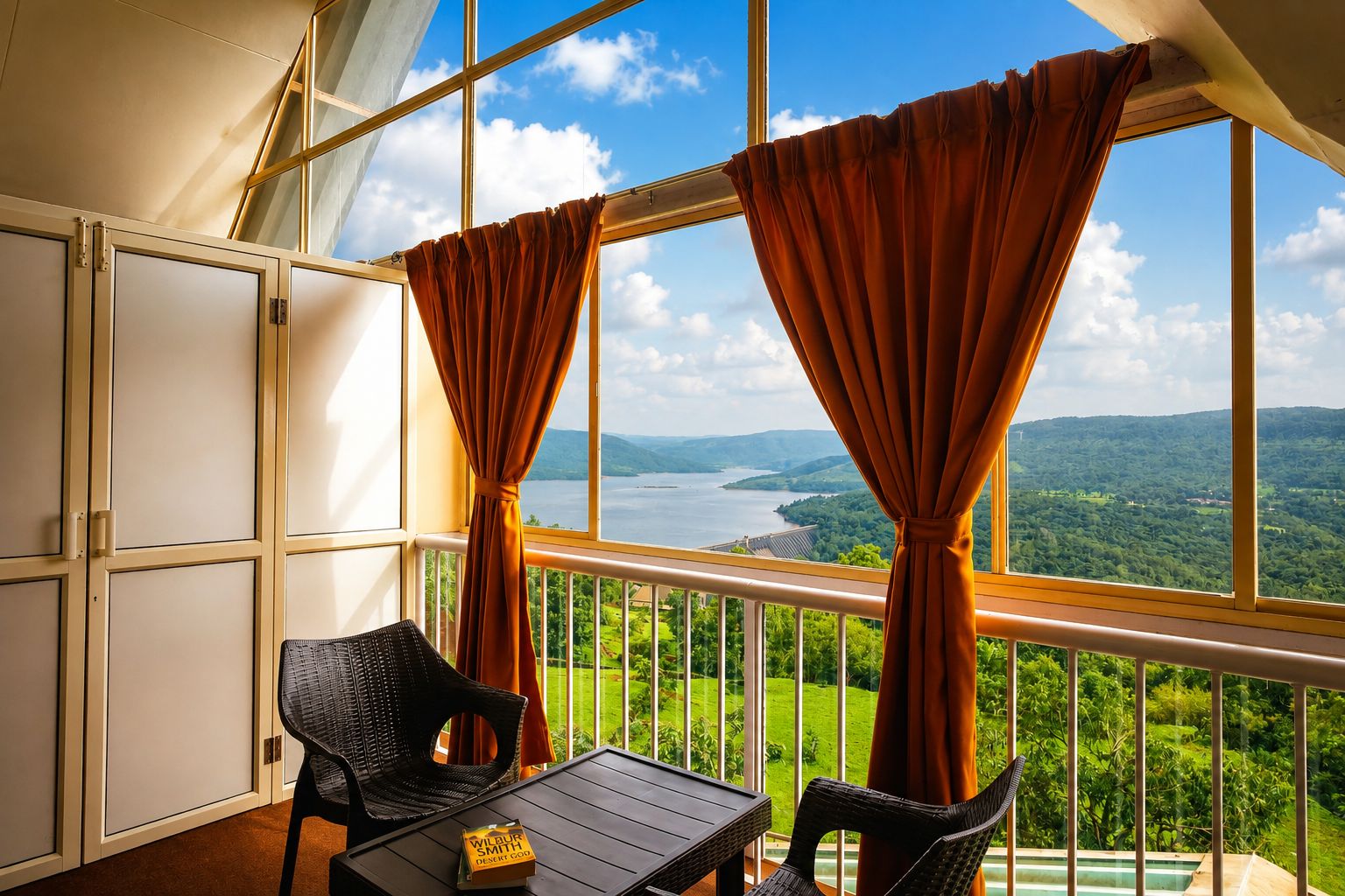 A balcony with two chairs and a table, overlooking a scenic landscape.