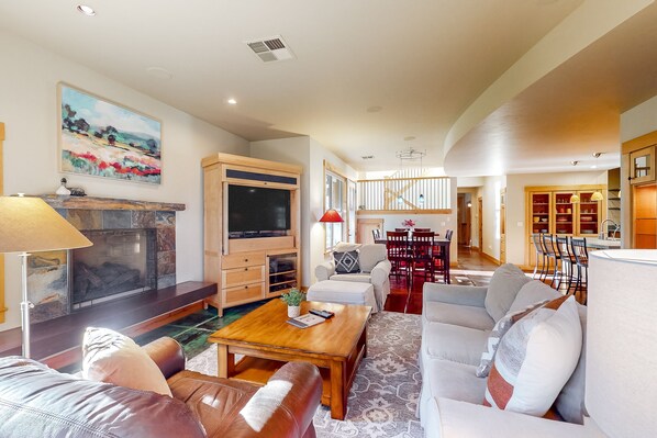 テレビ、暖炉、書庫、ステレオ