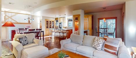 TV, fireplace, books, stereo