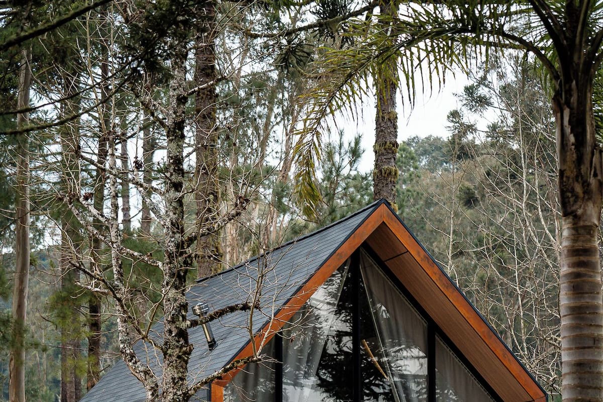 Une cabane moderne dotée de grandes fenêtres, de meubles en bois et située dans un cadre naturel.