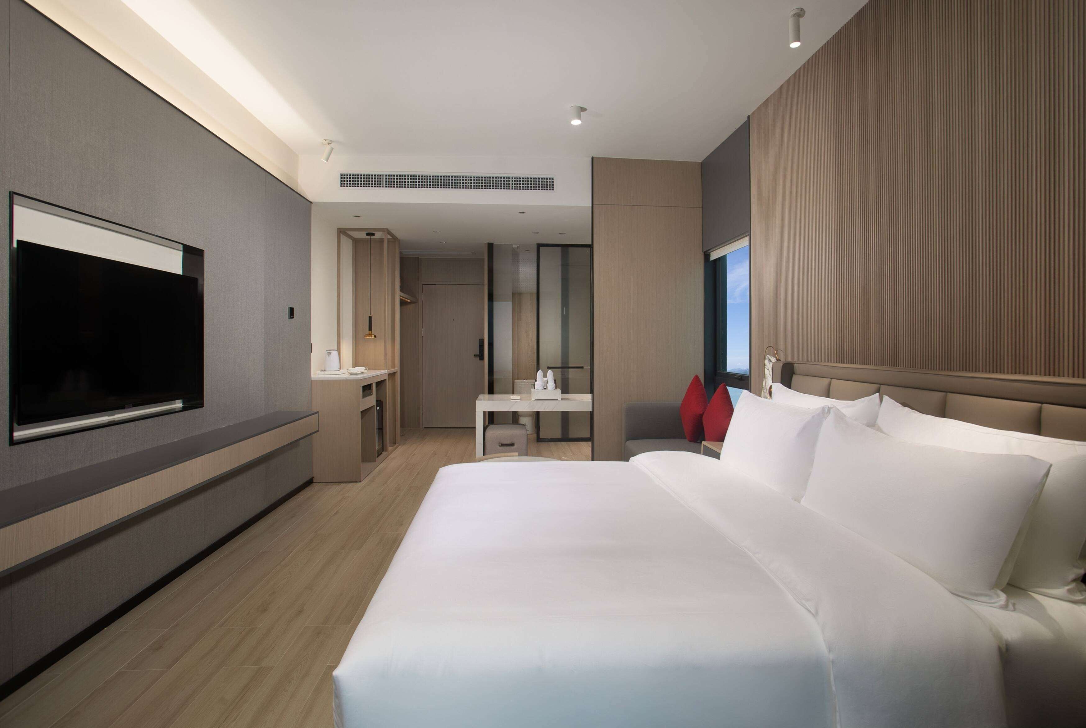 Una habitación de hotel moderna con una cama grande, un televisor de pantalla plana en la pared, un escritorio con una silla y una pequeña zona de baño.