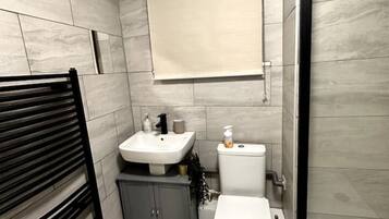 Hair dryer, towels, soap, toilet paper