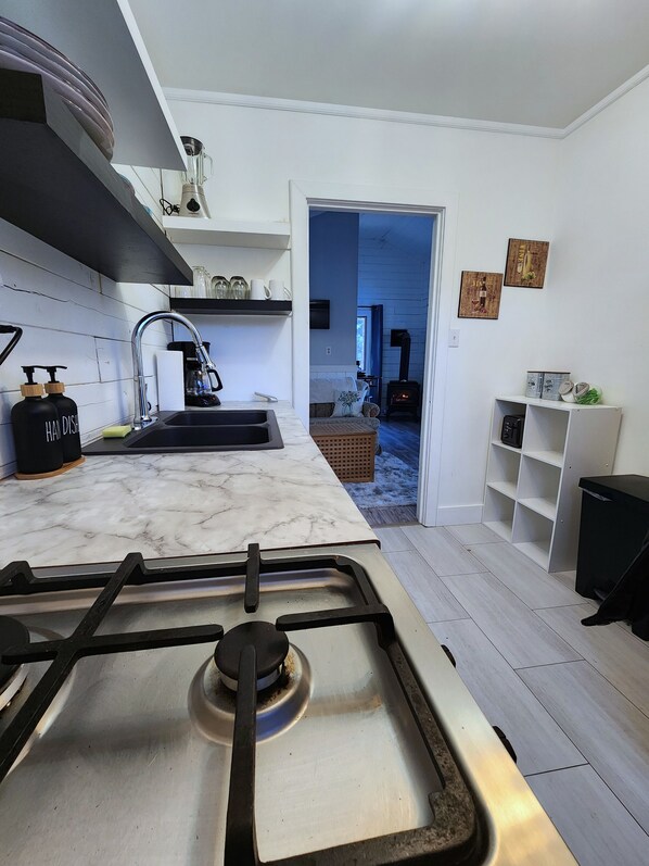 Una cucina moderna con piano cottura a gas, lavello e un bancone con diversi oggetti. Si apre una porta su un soggiorno con camino.