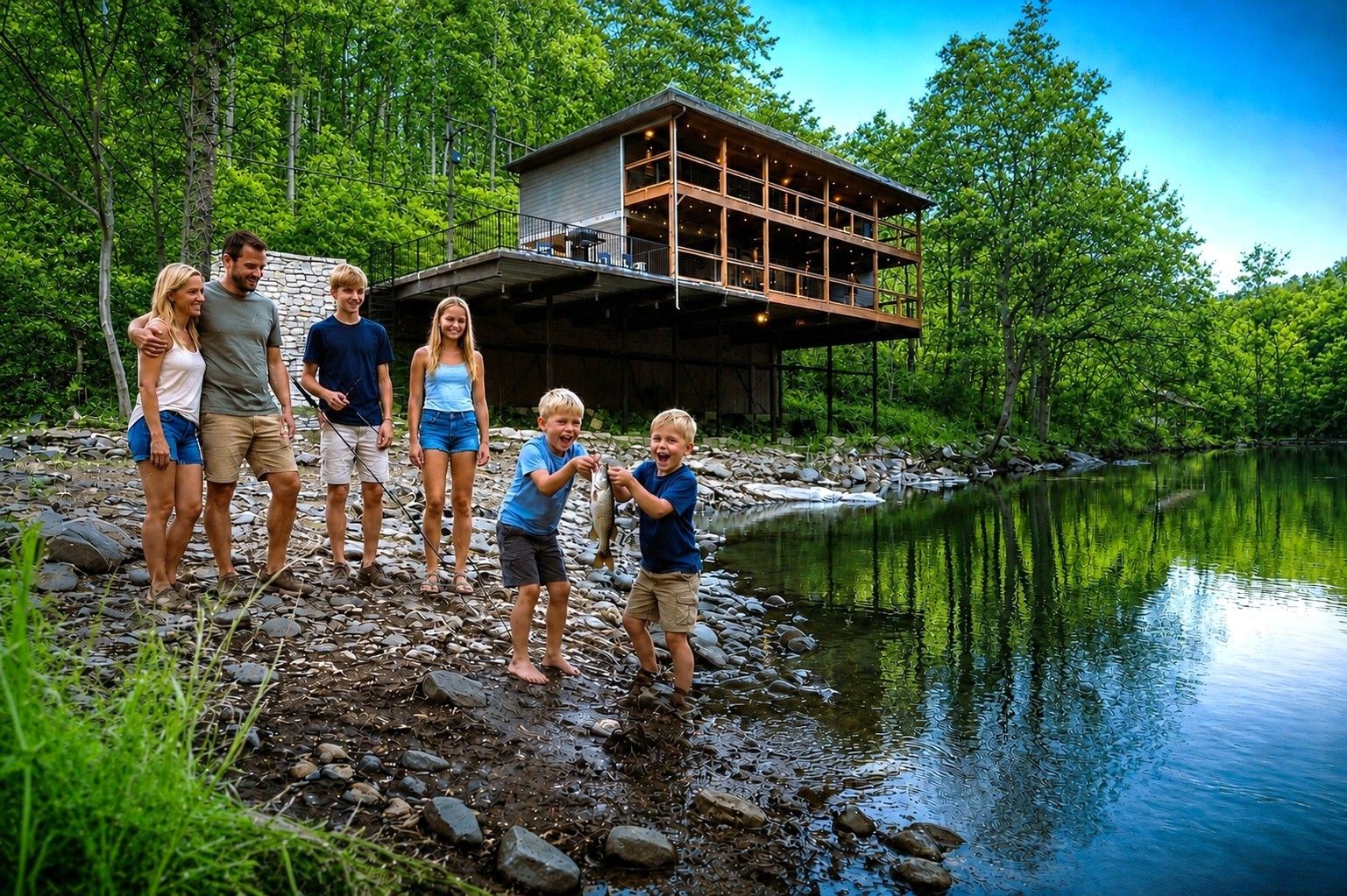 A family standing by a lake with a wooden cabin in the background.