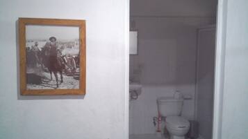 Ein Badezimmer mit Toilette, Bidet und einem gerahmten Foto an der Wand.