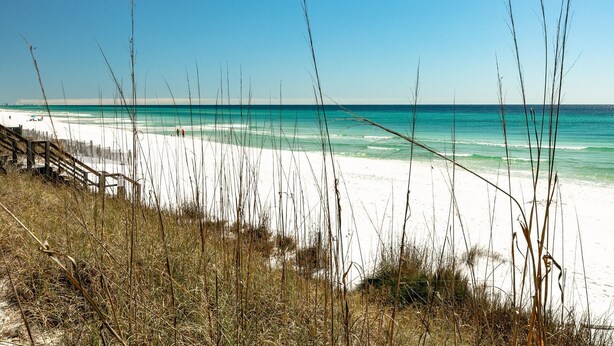 A beach with white sand and tall grasses in the foreground.