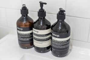 Hair dryer, towels, soap, shampoo