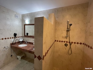 Hair dryer, towels, soap, toilet paper