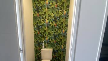 Shower, hair dryer, towels, toilet paper