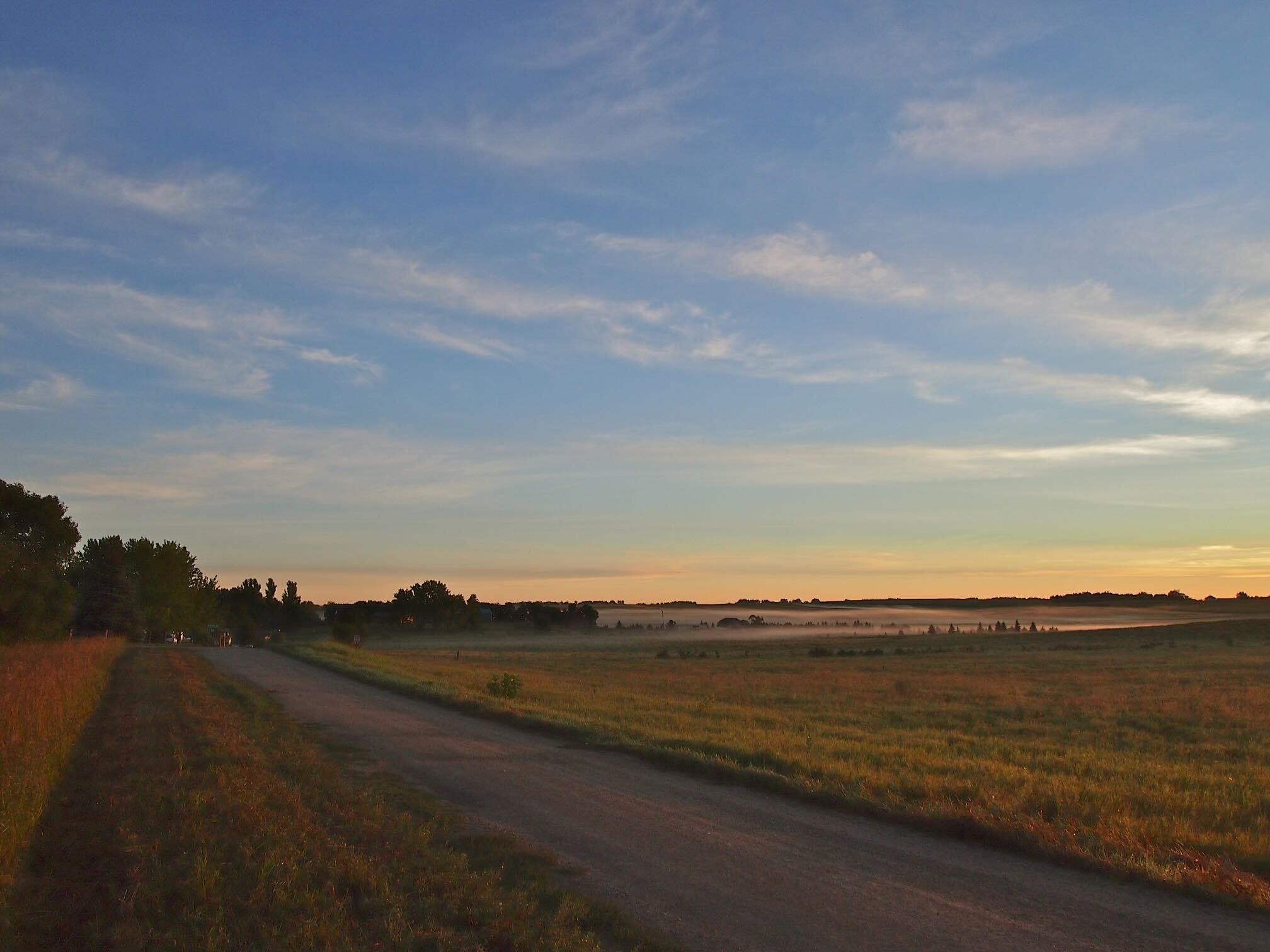 A rural road curving through fields with a clear sky.