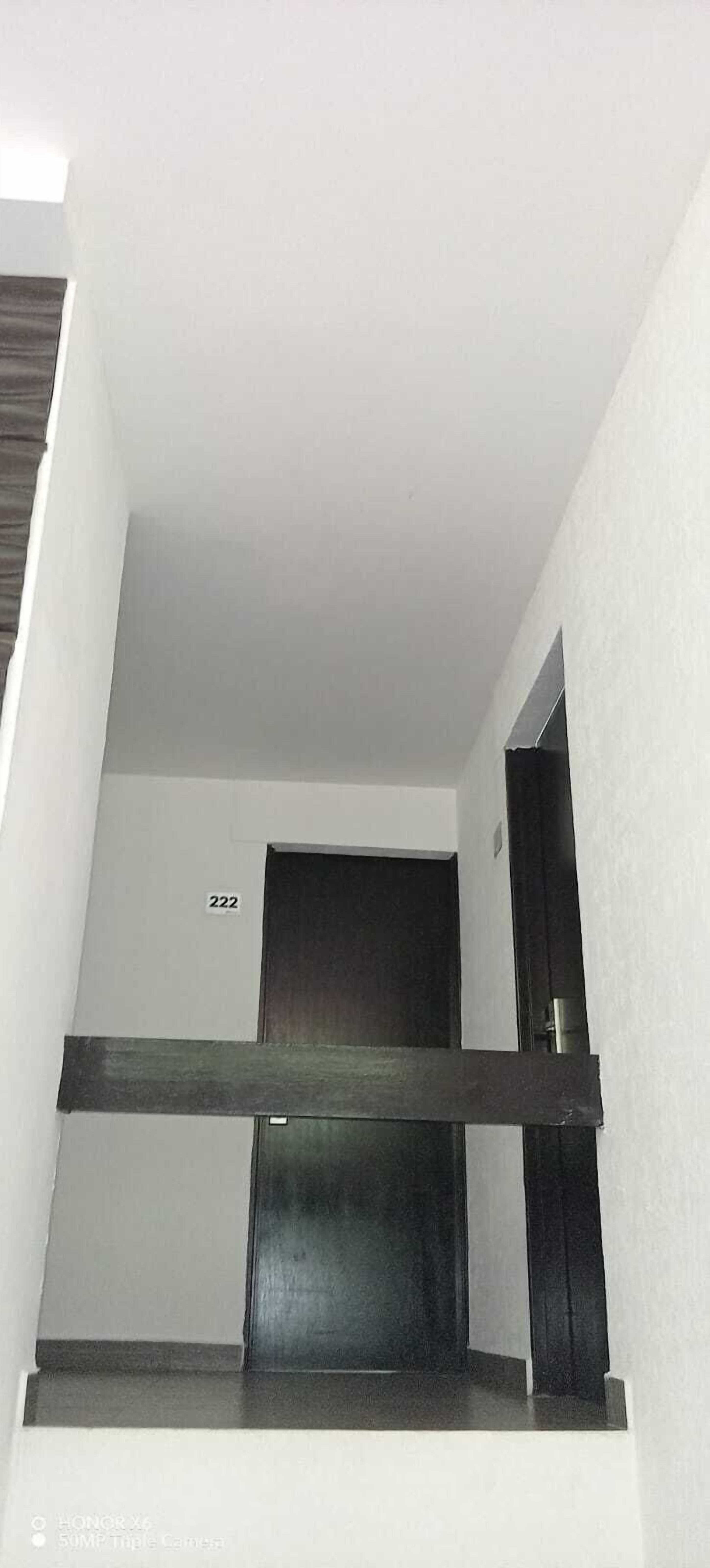 Un intérieur moderne avec une porte sombre, des murs blancs et un numéro de chambre, le 222, bien visible.