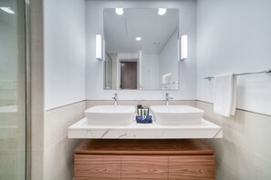 Hair dryer, towels, soap, shampoo