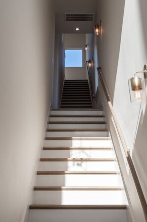 Eine Treppe mit Holzstufen und einem Geländer, die zu einer Zwischenebene mit einem Oberlicht führt.