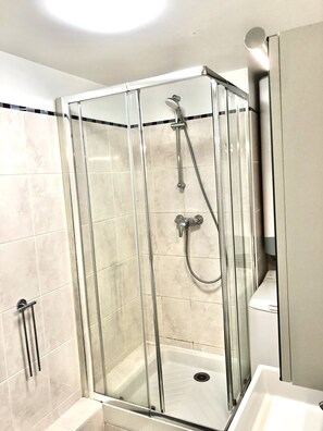 Shower area features a handheld and fixed showerhead, a white sink, and a mirror.