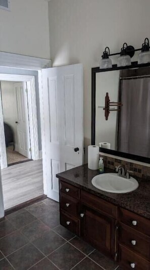 Hair dryer, towels, soap, shampoo