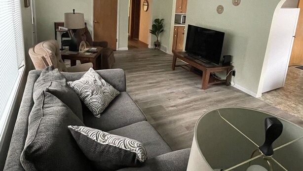 Ein Wohnzimmer mit grauem Sofa, Fernseher und Lampe. Im Hintergrund befindet sich eine Holztür und eine Pflanze.