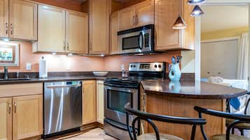Condo, Multiple Beds, Patio, Garden View (The Lakepod at Abbey Springs) | Private kitchen | Fridge, microwave, oven, stovetop
