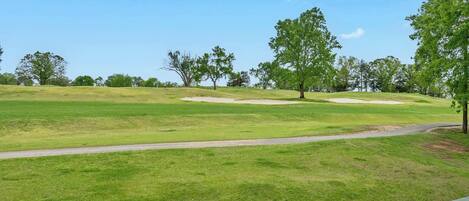 A golf course with a clear path, trees, and a well-maintained lawn.