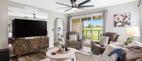 Condo, Multiple Beds, Balcony, Golf View (Catch the Sunrise) | Living area | 42-inch flat-screen TV with digital channels, fireplace