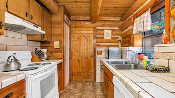 Cabin, Multiple Beds, Patio, Mountain View (The Log Home) | Private kitchen | Fridge, microwave, oven, stovetop