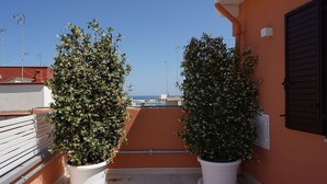 Un balcón con plantas en macetas y vista al mar.