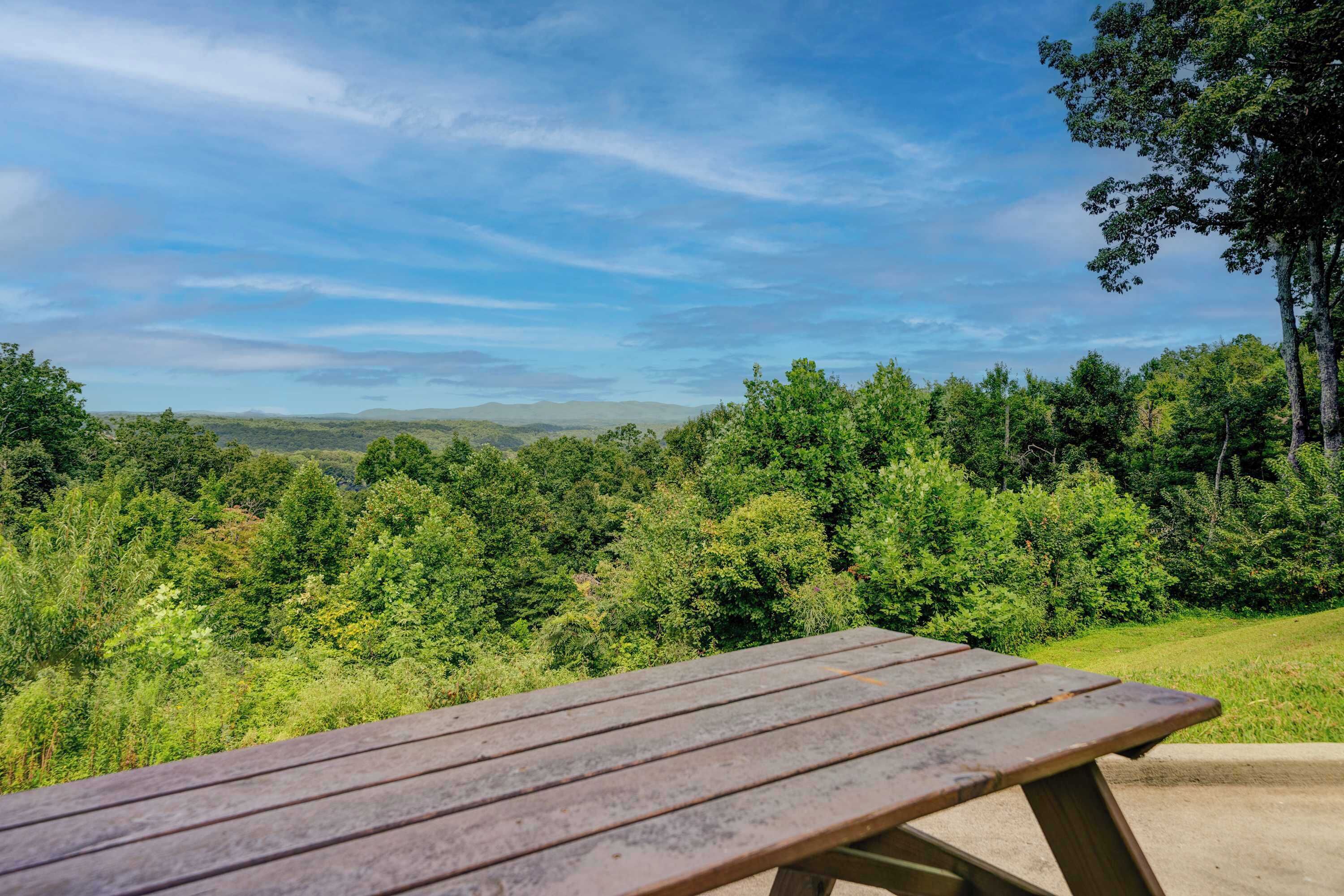 Una mesa de picnic con vista despejada a un paisaje boscoso y colinas al distante.