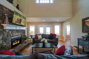 House, Multiple Beds, Patio, Mountain View (Sunset View) | Living area | 42-inch flat-screen TV with digital channels, fireplace - Sunset View 3 BDR Close to Downtown! (Ellijay)