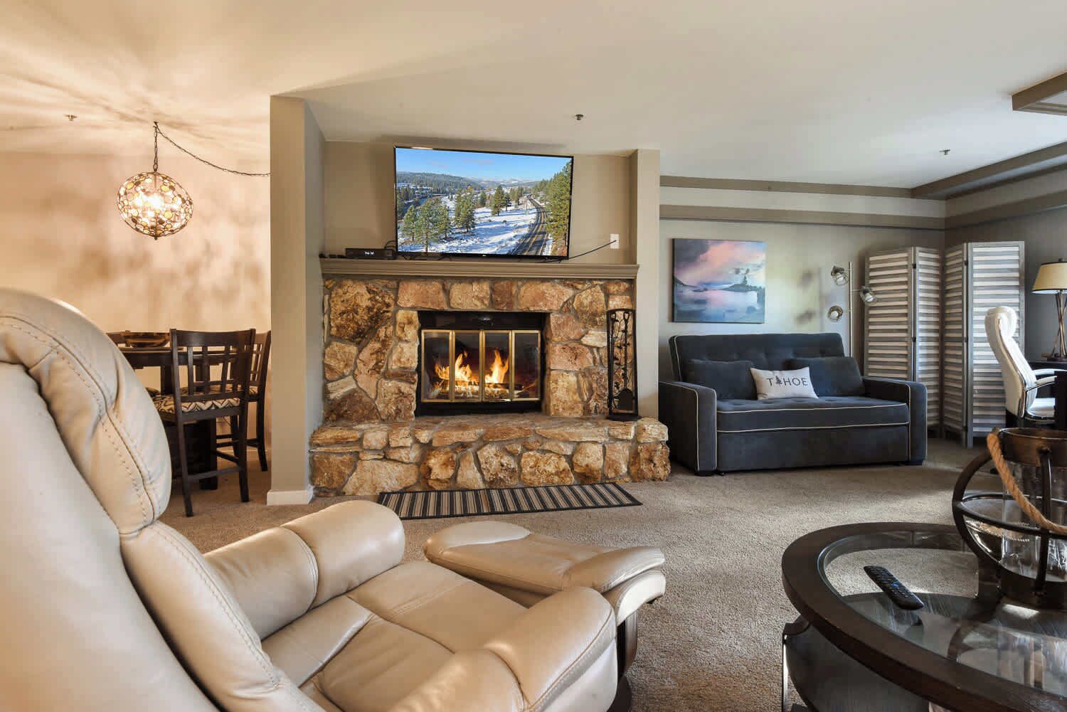 Condo, 1 Queen Bed with Sofa bed, Balcony, Mountain View (Incline Village Escape) | Living area | 50-inch flat-screen TV with digital channels, fireplace