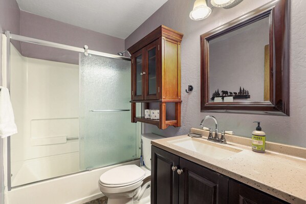 A bathroom with a glass shower enclosure, a toilet, a sink with a mirror above it, and wooden cabinets. - Ski In, Ski Out! 3 BDR Steps From Stagecoach Lift (Stateline)