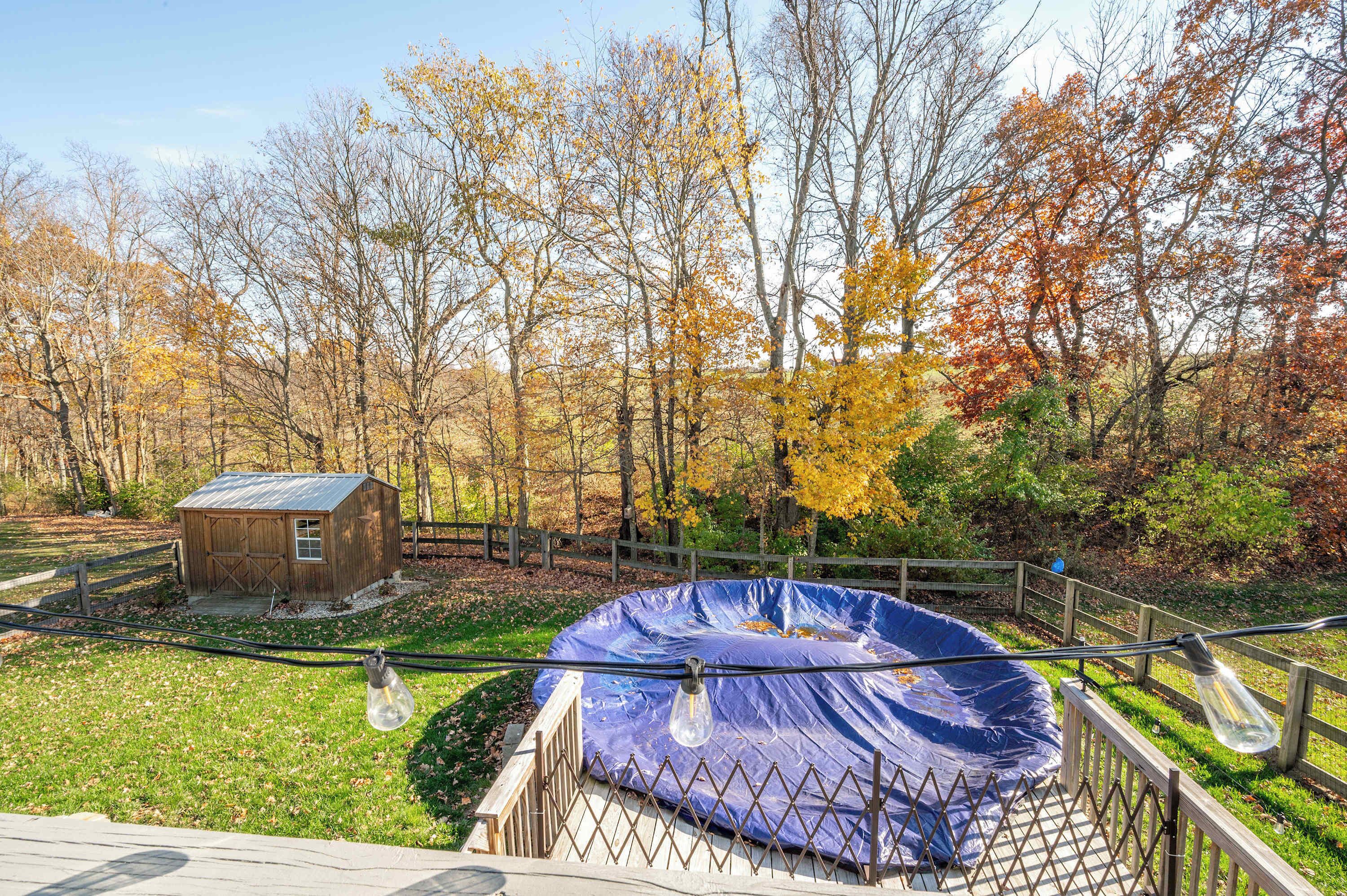 A fenced outdoor area with a trampoline, a wooden shed, and trees with autumn foliage.
