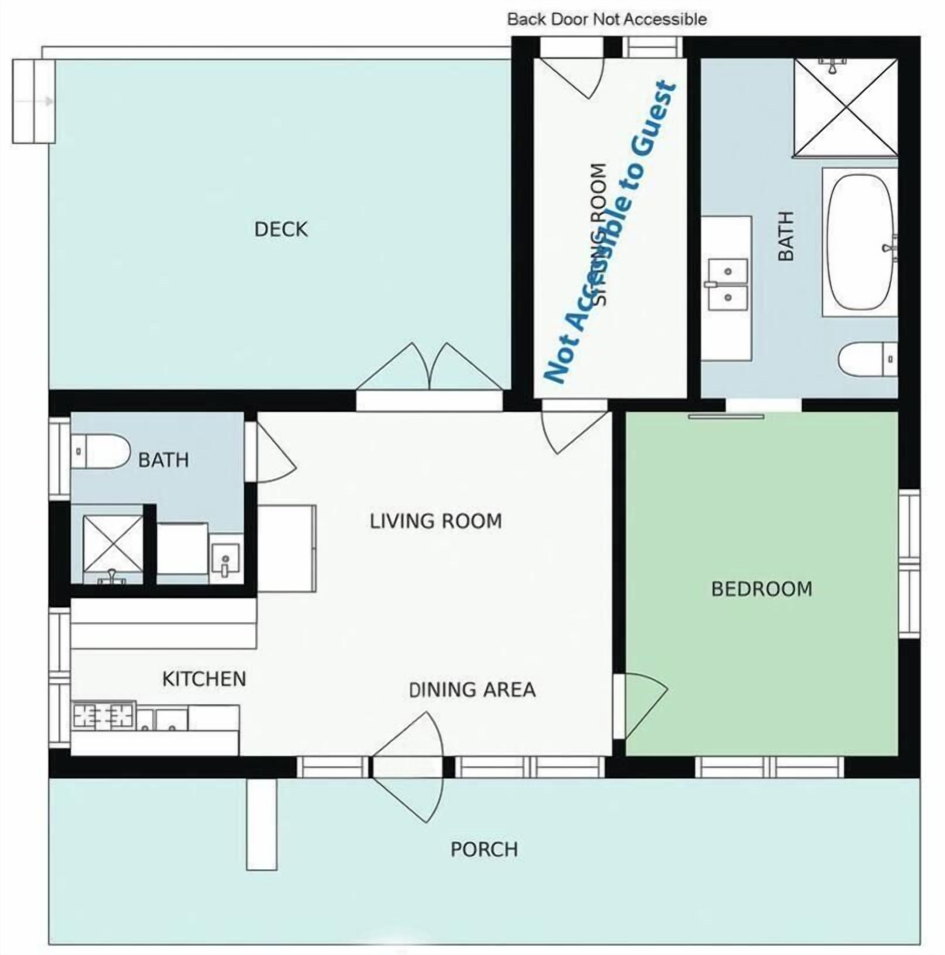 A floor plan with a deck, living room, bedroom, kitchen, dining area, and bathroom.