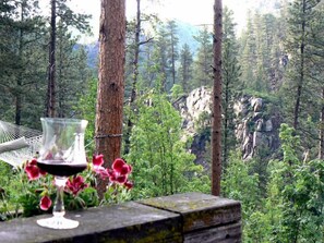 Um copo de vinho tinto e flores cor-de-rosa sobre um parapeito de madeira, com vista para uma floresta.