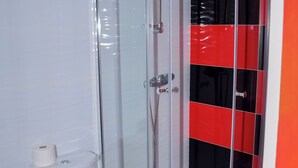 Une salle de bain avec une douche à parois de verre, des toilettes et un rouleau de papier toilette posé sur le sol.