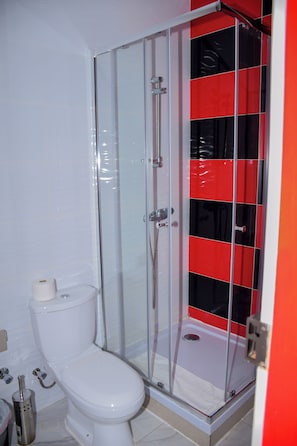 A bathroom with a glass-enclosed shower, a toilet, and a roll of toilet paper on the floor. - Hotel Principal (Tarrafal)