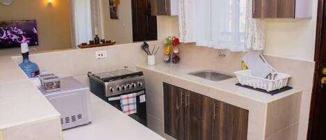 Frigorífico, microondas, horno y placa de cocina