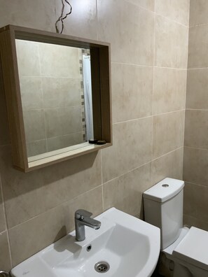 Ein Badezimmer mit einem weißen Waschbecken, einem Spiegel und einer Toilette.