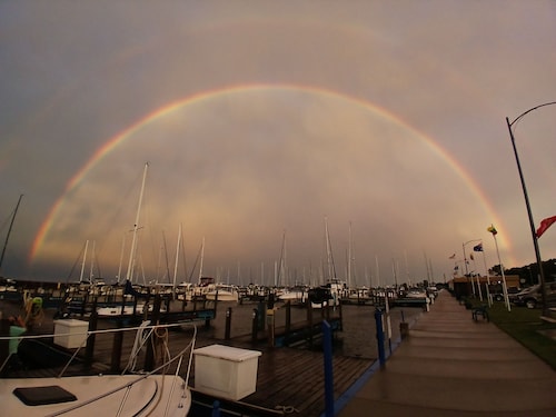 30' CARVER BOAT DOCKED AT MENOMINEE MARINA IN HISTORIC DOWNTOWN MENOMINE MI.
